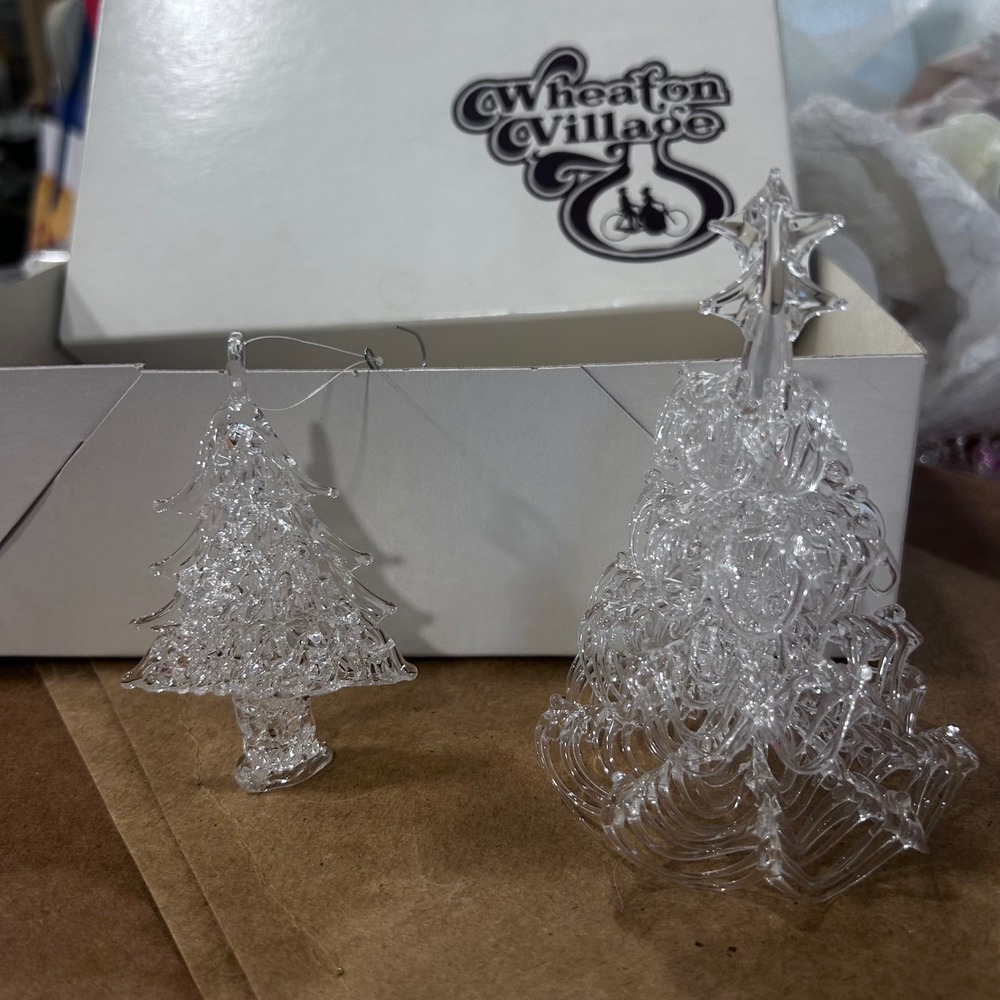 Wheaton Village Hand Blown Spun Glass Christmas Tree Ornaments Set Clear 2pc